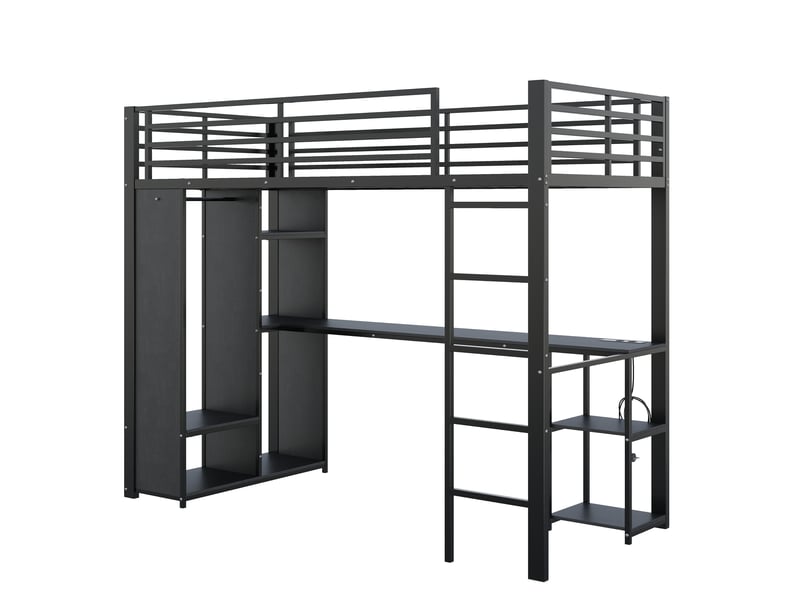 Lit mezzanine 90x200 cm avec bureau, rangements, led et prises usb, noir, moderne - Conforama D