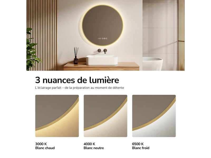  Emke miroir de salle de bain led rond 70x70 cm cadre or brossé, anti-buée, horloge, tactile, température de couleur et luminosité réglables  - Conforama C