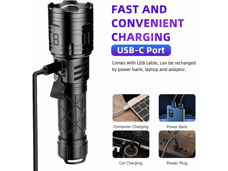 Lampe torche led ultra puissante, 15000 lumens lampe de poche rechargeable usb avec 5 modes d'éclairage, torches zoomables étanche ipx5 (batterie 2665 - Conforama D