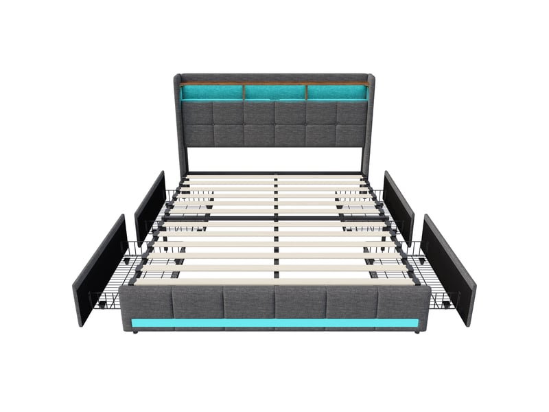 Lit double 180x200 avec rangement, lit 2 personnes led avec prise et 4 tiroirs cadre de lit rembourré avec tête de lit capitonnée pour adultes et adolescents lin gris, sans matelas - Conforama W