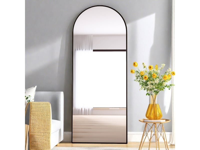  Miroir sur pied noir 165x60cm, miroir arche complet bombé, miroir mural sur toute la longueur avec cadre en aluminium, convient pour la chambre à coucher et le salon  - Conforama E
