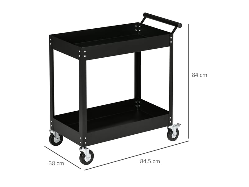 Chariot d'atelier 2 niveaux 84,5x38x84 cm noir en acier, charge totale 150 kg avec roulettes freinées - Conforama C