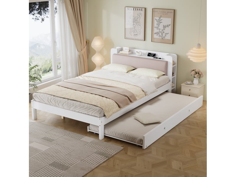  Lit gigogne 120x200 cm avec tête de lit rembourrée en bois blanc  - Conforama B