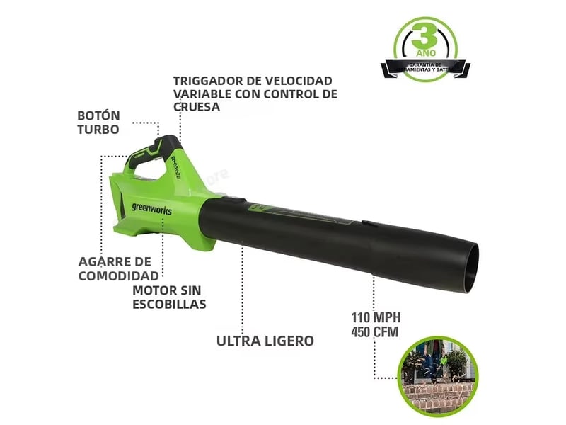  Greenworks – souffleur de feuilles sans fil, moteur sans balais 24v, 110 mph 450 cfm 125 + outils compatibles, souffleur axial avec batterie 4ah  - Conforama C