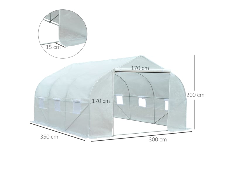 Invernadero de túnel 3,5x3x2 m invernadero de jardín avec 6 ventanas et cubierta de polytileno pe 140 gm² blanco - Conforama E