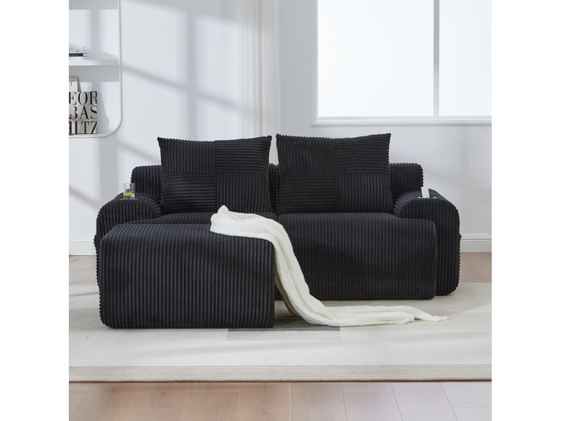  Canapé modulable 2 places 200x174x80 cm avec porte-gobelet intégré poche latérale velours côtelé noir  - Conforama D