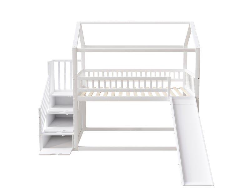  Lit mezzanine enfant 90x200 cm – blanc – toboggan, escalier de rangement et sommier à lattes - sans matelas  - Conforama D