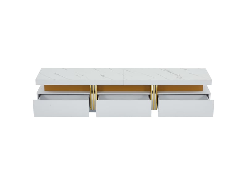  Meuble tv 200x40x42 cm – finition marbre, 3 tiroirs, gestion des câbles – pour tv jusqu’à 90 pouces  - Conforama E