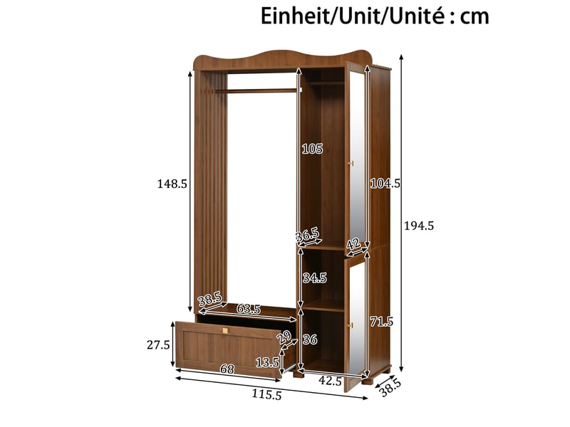  Armoire penderie avec miroir 115,5x38,5x194,5 cm – noyer – rangement ouvert, portes doubles et tiroir  - Conforama C
