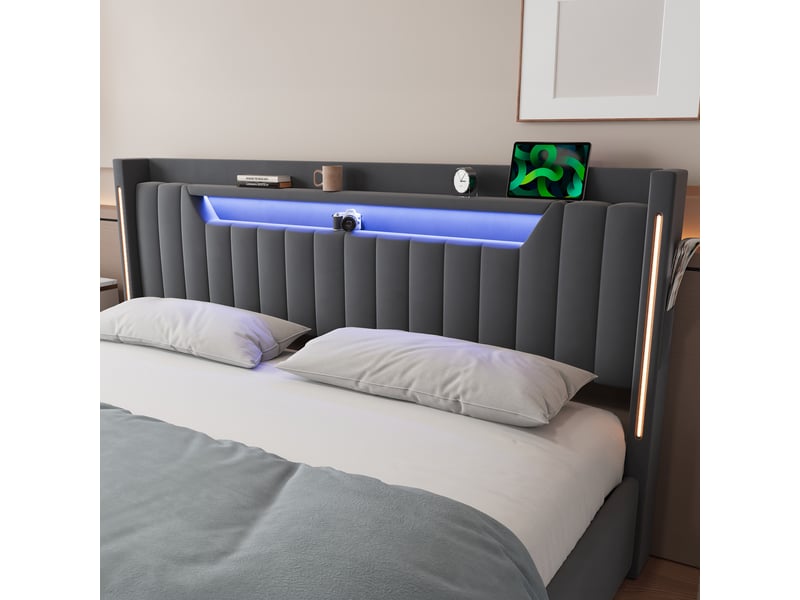  Lit coffre double 180x200 cm, éclairage led et tiroirs, velours gris (sans matelas)  - Conforama R