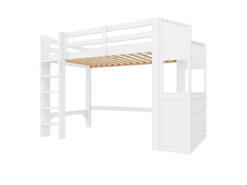  Lit mezzanine 90 × 200 cm 1 place avec 3 tiroirs, étagères et led réglable, sans matelas, en bois massif, blanc  - Conforama E