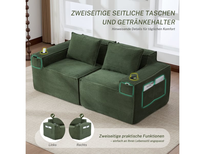Canapé modulable, canapé 2 places, porte-gobelets, sans montage, format compressé, poches latérales, en velours - Conforama E