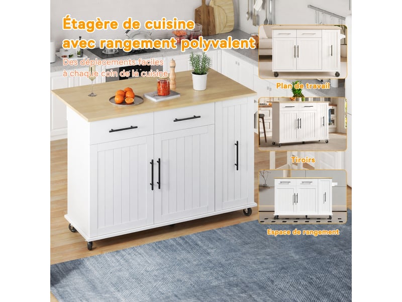 Îlot de cuisine à roulettes avec plateau rabattable, rangement coulissant à trois niveaux et 2 tiroirs, blanc et bois naturel - Conforama B