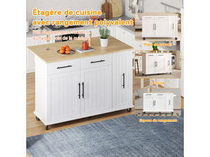 Îlot de cuisine à roulettes avec plateau rabattable, rangement coulissant à trois niveaux et 2 tiroirs, blanc et bois naturel