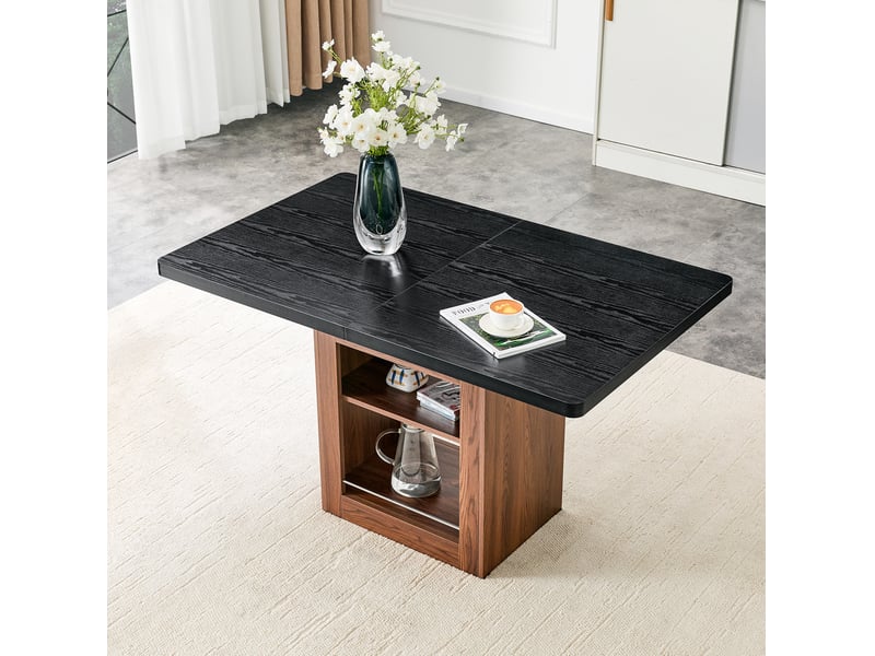  Table extensible avec 2 niveaux de rangement, plateau noir et piètement noyer pour salle à manger, 160 × 80 × 75,5 cm  - Conforama B