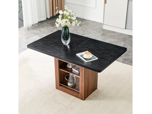 Table extensible avec 2 niveaux de rangement, plateau noir et piètement noyer pour salle à manger, 160 × 80 × 75,5 cm
