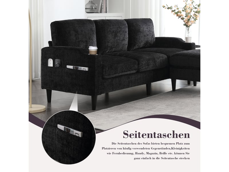  Canapé 4 places, canapé de salon – en velours, porte-gobelets, avec accoudoirs, poches latérales, avec pouf, avec rangement  - Conforama E