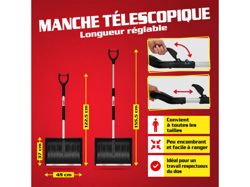 Pelle à neige 49cm manche télescopique 122,5 à 155,5cm bord métallique déneigement - Conforama D