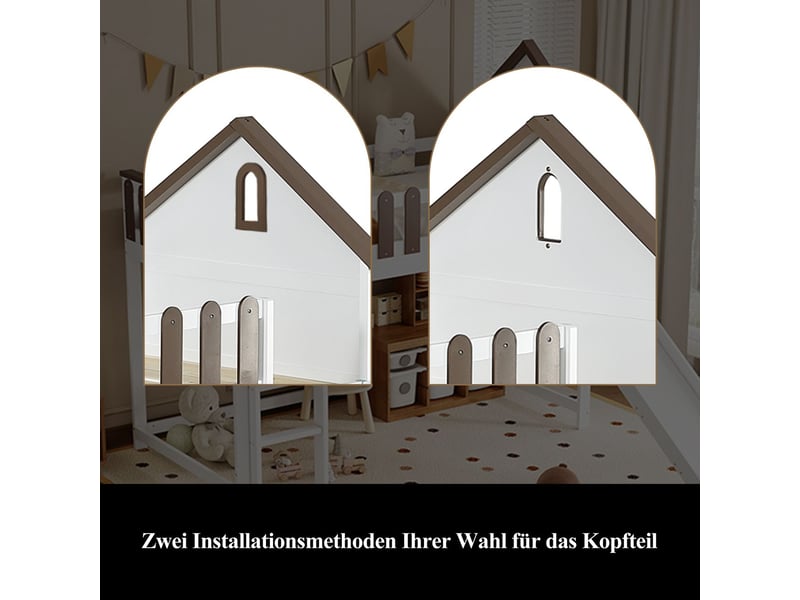  Lit mezzanine enfant 90x200cm - avec toboggan et toit - lit mezzanine - bois pin, échelle, fenêtre, blanc et noyer  - Conforama D