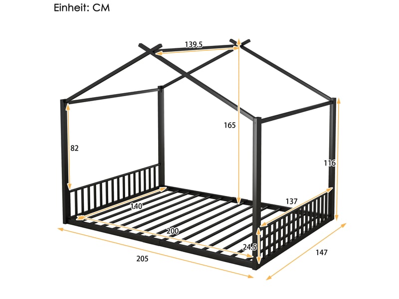  Lit enfant 140 x 200 cm en métal, forme cabane, noir avec sommier à lattes  - Conforama C