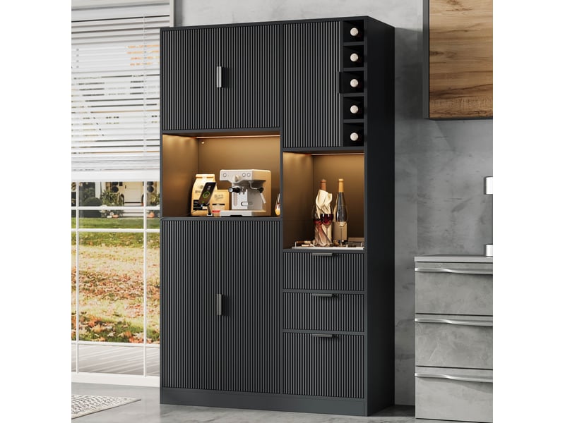  Buffet haut modenvie avec led, prises, 3 tiroirs, range-bouteilles, 105 x 40 x 180 cm, noir  - Conforama B