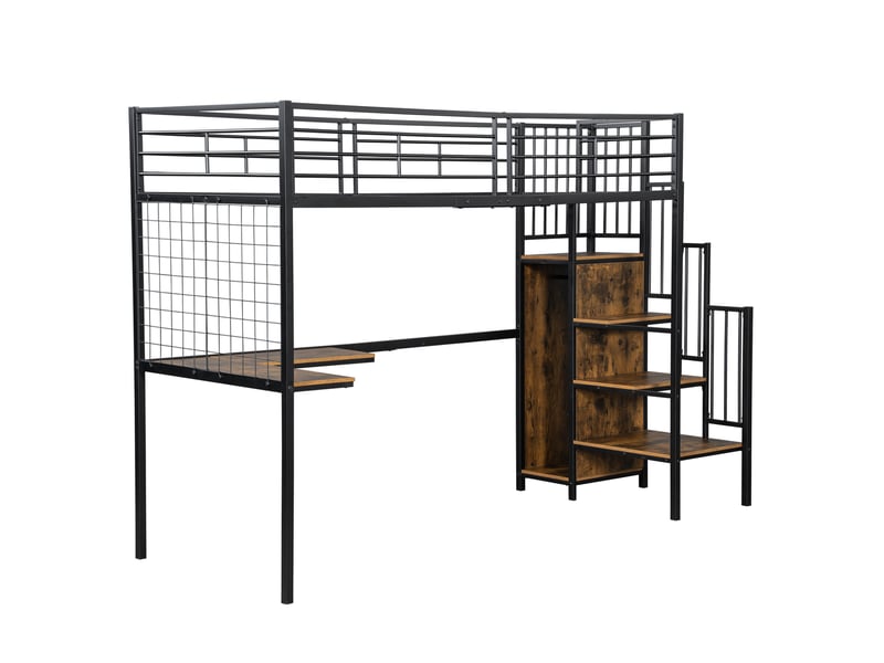  Lit mezzanine 90x200 cm avec bureau, lit surélevé gain de place avec armoire et escalier pour enfant adolescent, métal et bois mdf, noir et naturel  - Conforama D