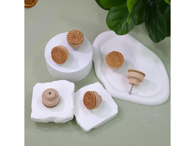  Jeu de 12 poignées en rotin et bois, poignées décoratives de style bohème pour commodes, cuisine et tiroirs  - Conforama A