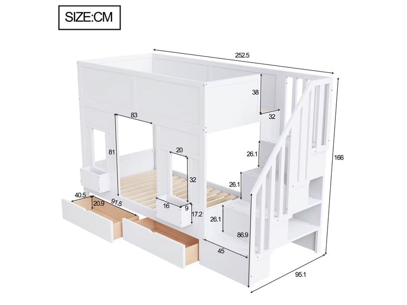  Lit mezzanine enfant,90x200 cm,avec escalier et rangements,mdf,blanc  - Conforama C