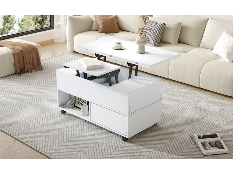 Table basse relevable blanche 100 x 50 x 52 cm avec roulettes, 4 tiroirs, rangement - Conforama D