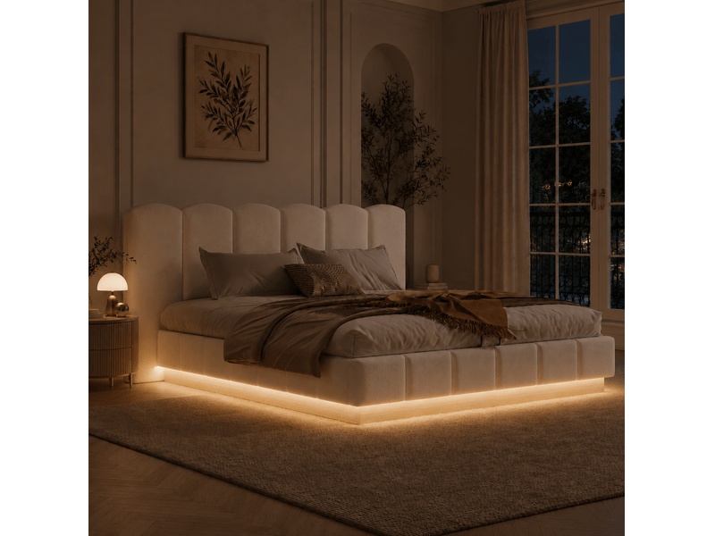  Lit coffre hydraulique double 180x200 cm, avec éclairage led et grand espace de stockage, bouclé, blanc, sans matelas  - Conforama E