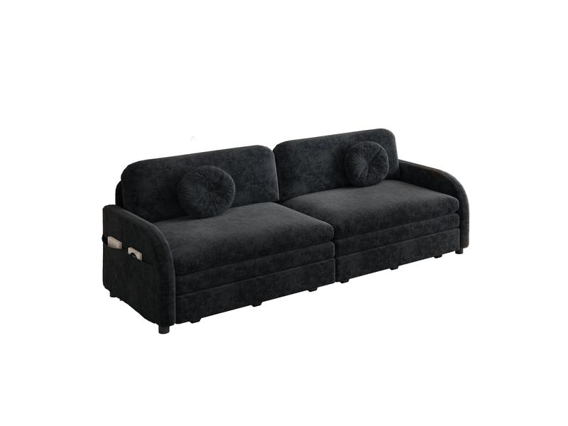  Canapé-lit 2 places 206x84x90 cm 3-en-1 avec poche latérale, pour salon, en métal, bois, mousse et tissu chenille, noir  - Conforama A