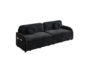 Canapé-lit 2 places 206x84x90 cm 3-en-1 avec poche latérale, pour salon, en métal, bois, mousse et tissu chenille, noir