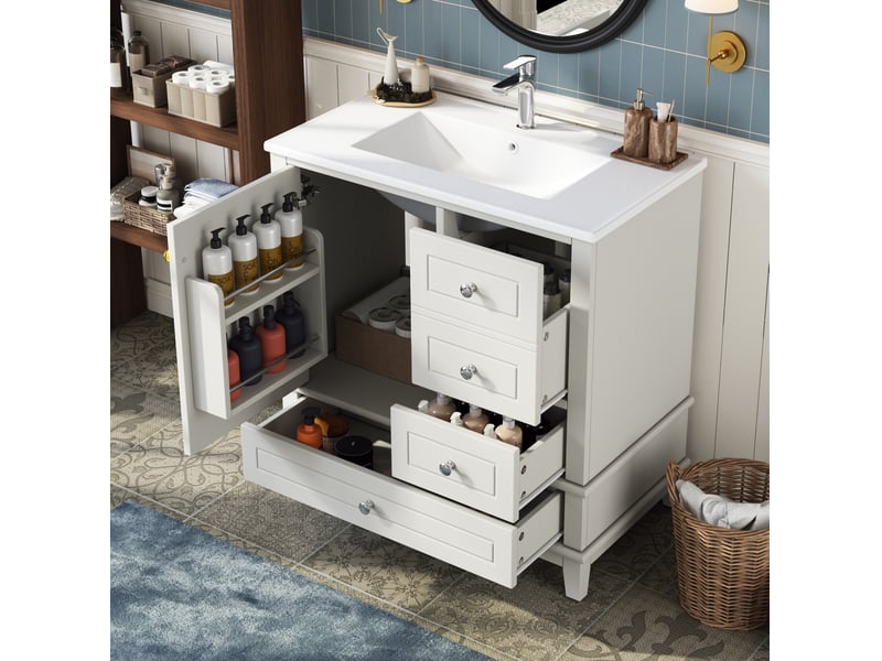 Meuble sous vasque avec 3 tiroirs, 1 porte à fermeture douce et rangement pour salle de bain, blanc, 81 × 47 × 86 cm - Conforama D