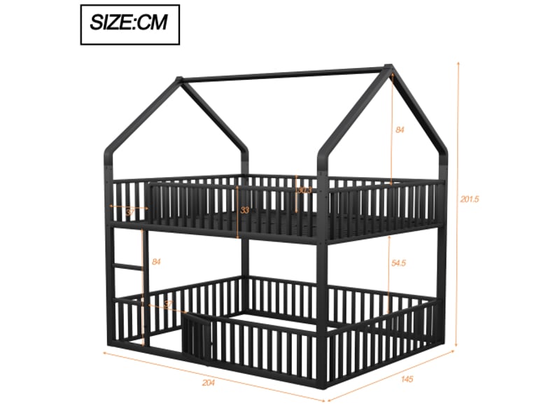  Lit superposé enfant 140x200 cm avec escalier, forme de maison, barrière de sécurité avec porte d'ouverture, en métal, sans matelas, noir  - Conforama C