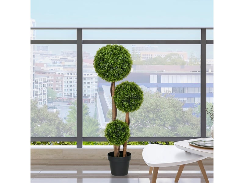  Plante artificielle de buis avec 3 boules et feuilles de bambou, pot inclus, hauteur 110 cm, verte  - Conforama C
