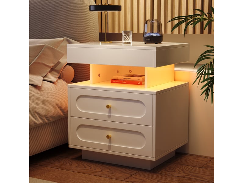  Table de chevet tcqpz led blanche 100 x 40 x 60 cm 2 tiroirs rangement ouvert panneau de particules  - Conforama E