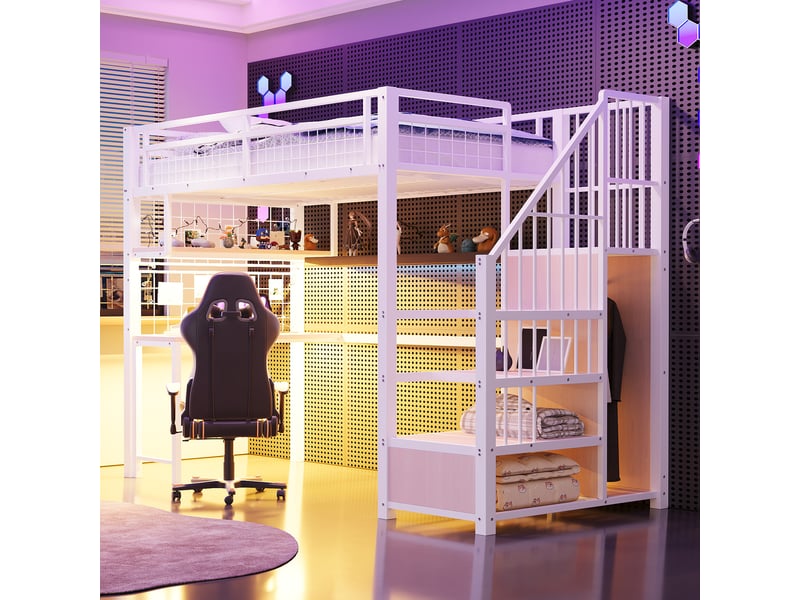  Lit mezzanine 90×200 cm, lit simple avec escalier de rangement, bureau, étagères et prises, sans matelas, blanc  - Conforama B