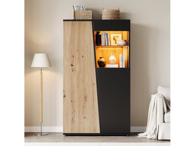  Vitrine avec led, portes en bois, paroi de verre, étagères réglables, multiple espaces de rangement, vitrine de collection haute pour salon, bureau, entrée, noir + bois, 80x35x139.5cm  - Conforama B