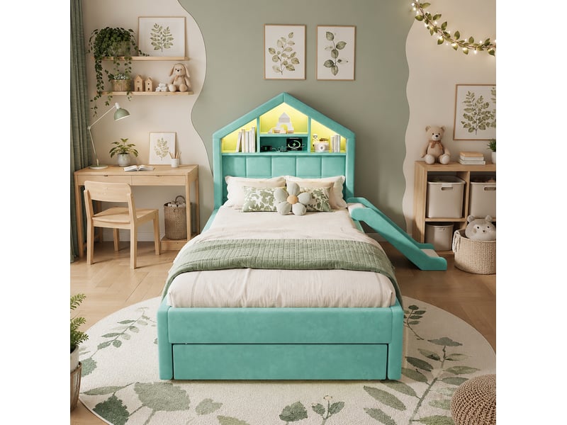Lit cabane enfant 90x200 cm équipé de toboggan réversible, de rangement, de port de charge et de led, velours bleu-vert, sans matelas - Conforama E