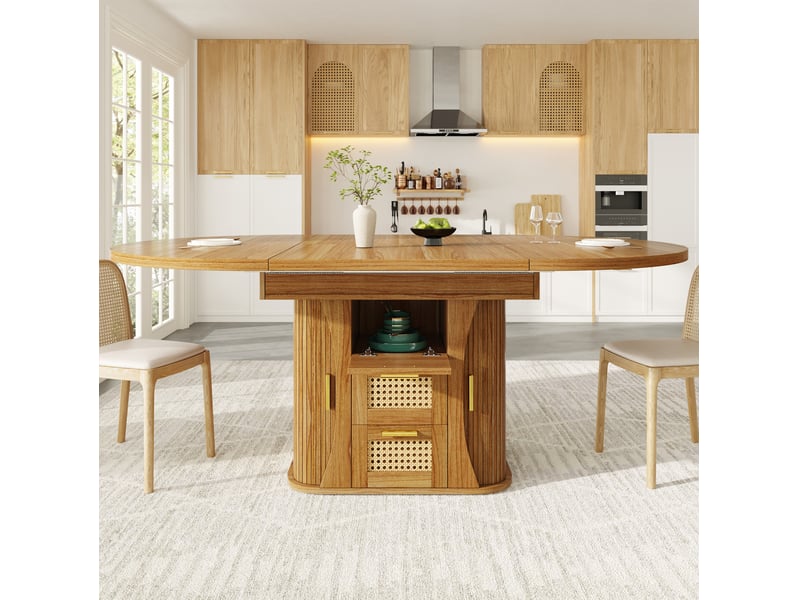  Table à manger extensible 118-158 cm avec rangement et tiroirs, chêne clair  - Conforama E