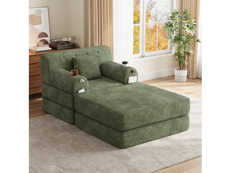  Canapé droit 1 place en cord vert avec pouf, fonction couchage, dossier haut, 2 porte-gobelets et 4 poches latérales  - Conforama E