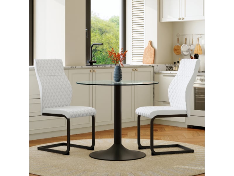  Table ronde en verre 85 cm avec 2 chaises blanches haut dossier pu motif diamant – idéal petits espaces et bars  - Conforama D