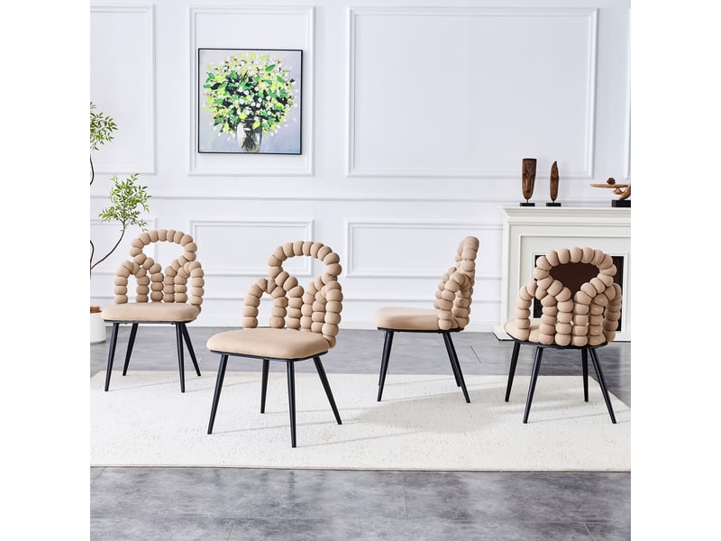  Lot de 2 chaises 48x50x86 cm dossier ouvert à chaîne de boules assise velours moelleuse, pieds métal, camel clair  - Conforama W