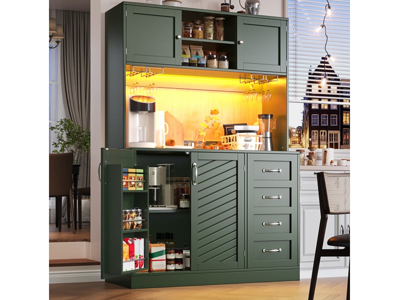  Buffet haut 120x40x188 cm avec led, 4 portes, 2 tiroirs et porte-verres vert  - Conforama B