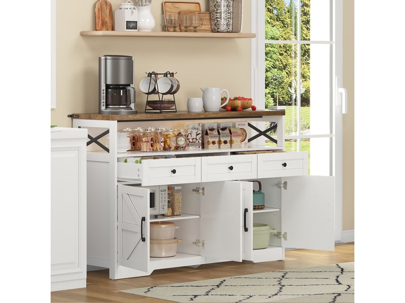 Buffet 140 cm style campagne blanc bois - barcafé, 3 tiroirs, portes et étagères - Conforama D