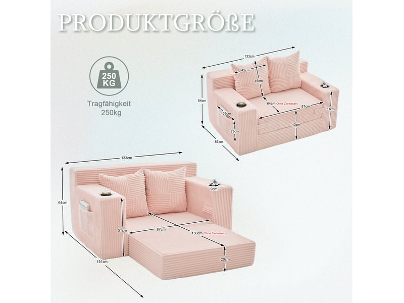  Canapé-lit 2 places 151x133x64 cm avec 2 coussins et porte-gobelet rose  - Conforama E