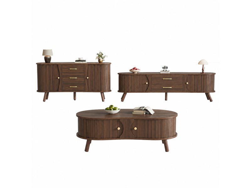  Ensemble de meubles de salon 3 pièces effet noyer, meuble tv 160 cm, buffet 150 cm, table basse 108 cm et portes coulissantes rainurées  - Conforama A