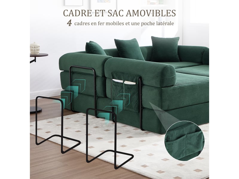  Canapé modulable vert en velours côtelé 270 x 180 x 64 cm, compressé, poche latérale, convertible salon séjour W2845S00494 - Conforama R
