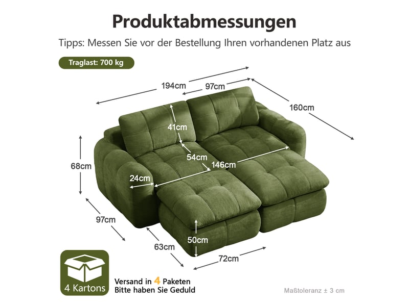 Canapé panoramique modulable 2 places en chenille vert – 194 x 160 x 68 cm Fay Lum - Conforama C