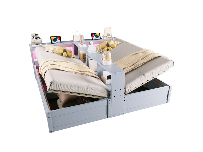  Lit double modulable,lit enfant 180x200 cm séparable en 2 lits 90x200 avec coffres hydrauliques,led,prises,rangements pin mdf gris  - Conforama A